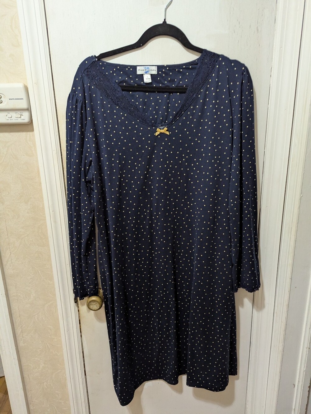 Miss Elaine XL Navy & Gold Polka Dot Long Sleeve Nightgown With Lace Trim